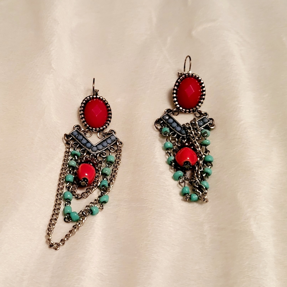 Clip-on earrings: red, blue, turquoise, silver.